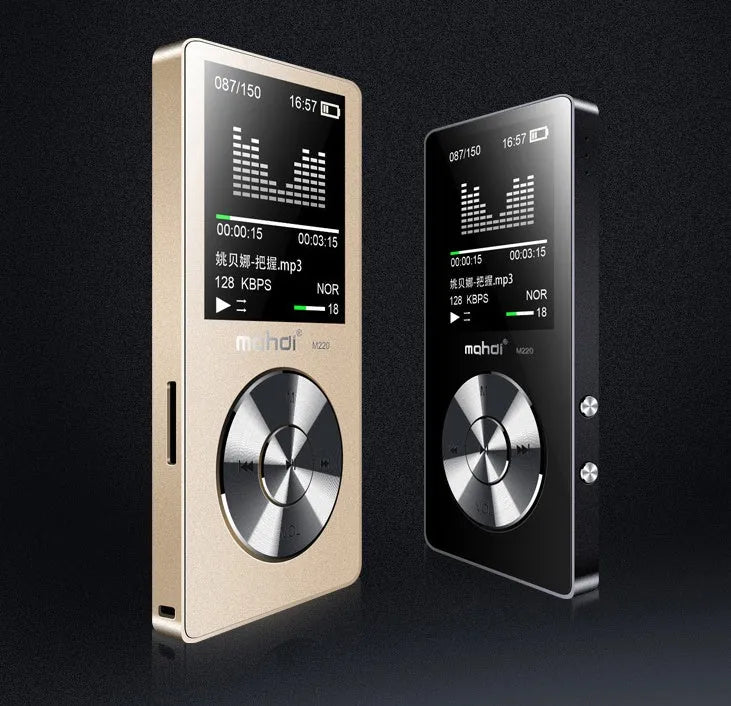 Compact metal MP3 music player with 1.8-inch screen in gold, silver, or black colours