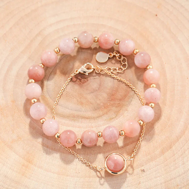 Double-layer women's bracelet with strawberry quartz crystals and electroplated gold finish on adjustable copper band