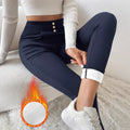 Women's navy blue high-waist straight leg casual trousers on hanger