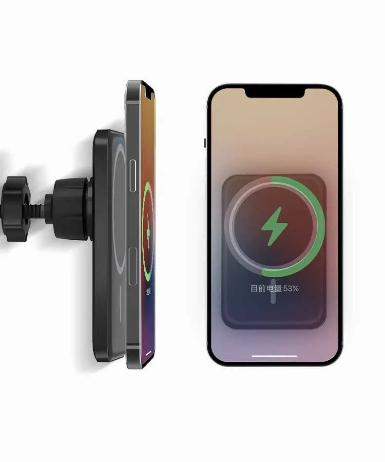 Black car magnetic wireless phone charger and bracket mounted on a car air vent.