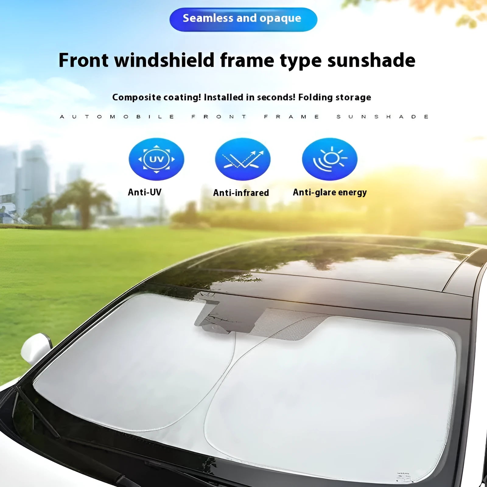 Titanium silver aluminium foil car sunshade folded, showing its reflective surface.