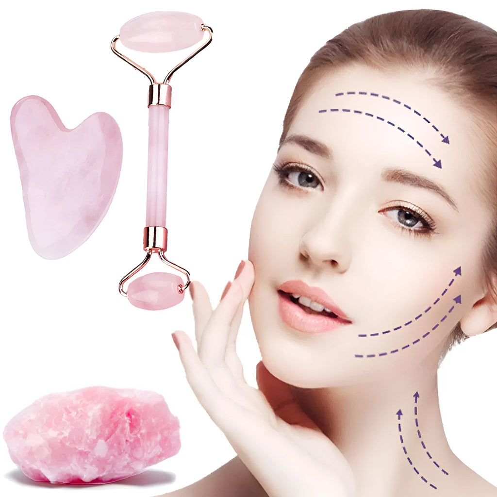 Two-piece resin gua sha roller set for face massage in black, pink, and green jade handle options