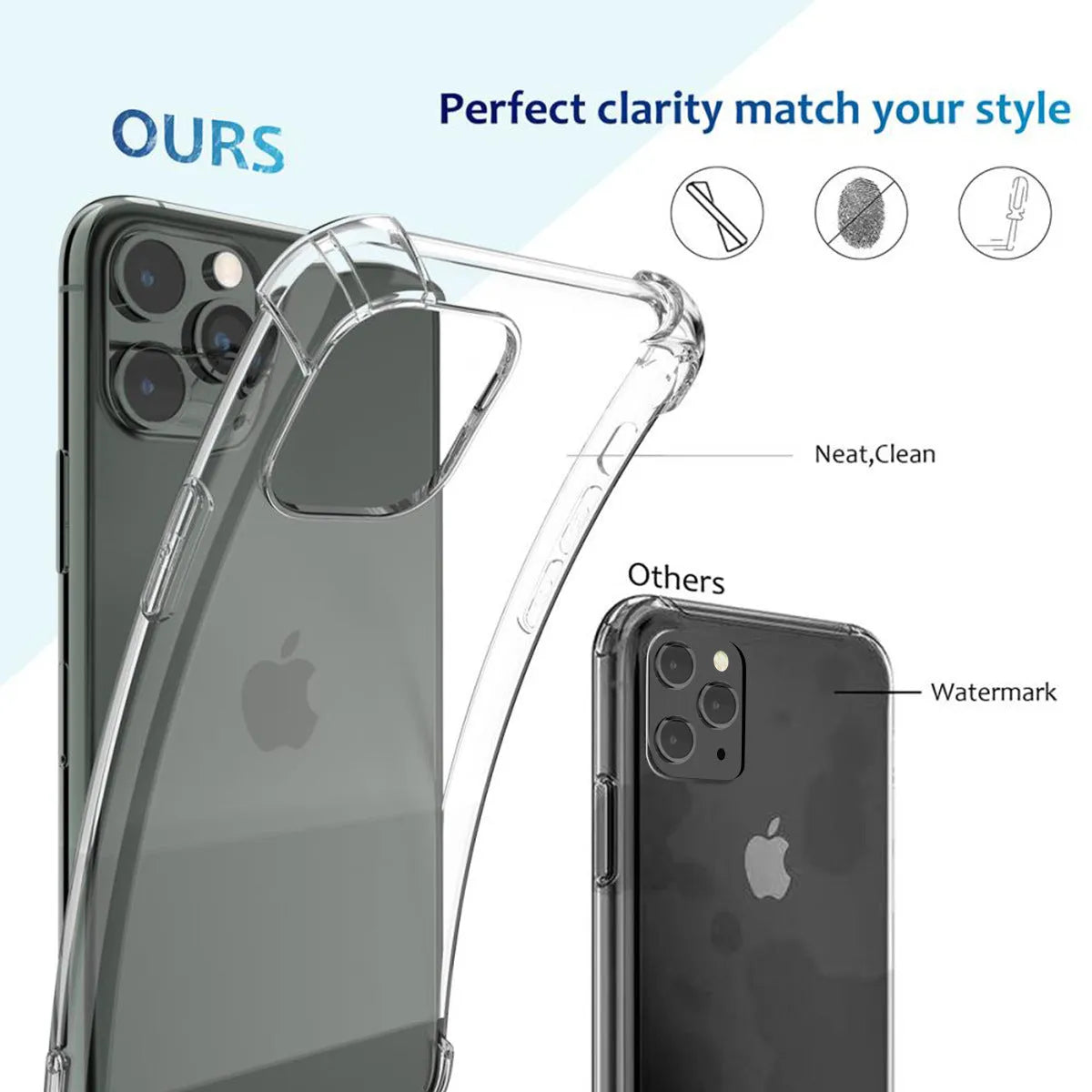 Clear transparent TPU shockproof iPhone case showing front and back views.