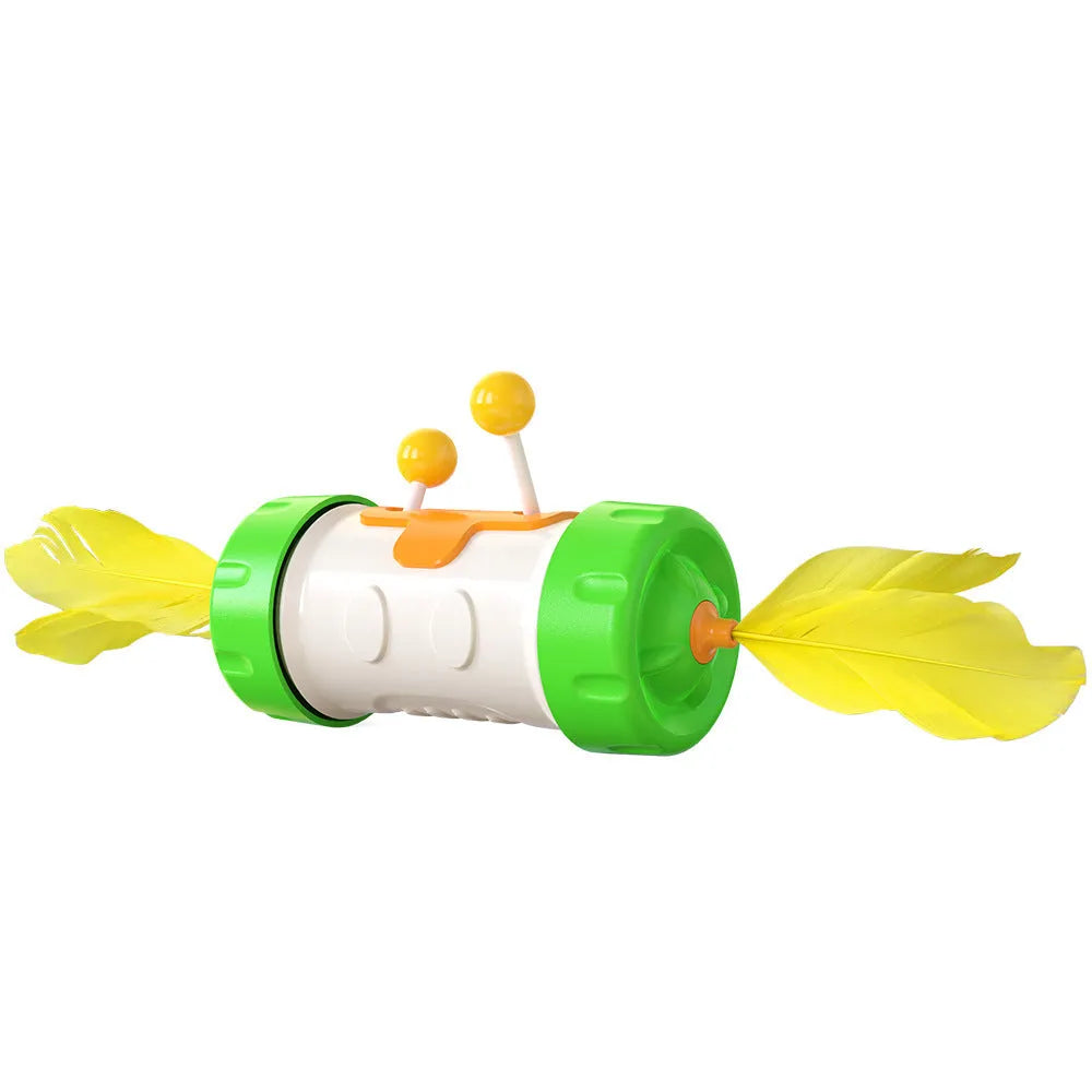 Interactive cat toy set with blue stick pole, feather ball, and yellow rolling tumbler puzzle on a floor.