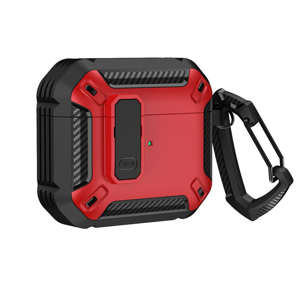 Plastic clamshell protective case for AirPods with an attached hook in two-tone black and yellow.