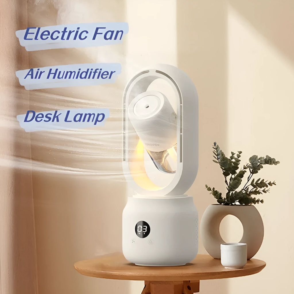 White bladeless table fan with humidifier tank on a desk, showing USB port and control buttons.