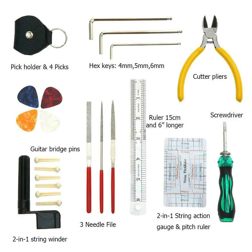 Black plastic case open to reveal metal guitar repair tools for maintenance of guitars, basses, mandolins, and banjos.
