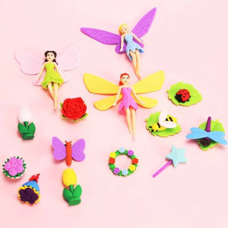 Flower Fairy 12-piece TPR moulding eraser set in Flower Fairy and Mermaid colours for pencil modification