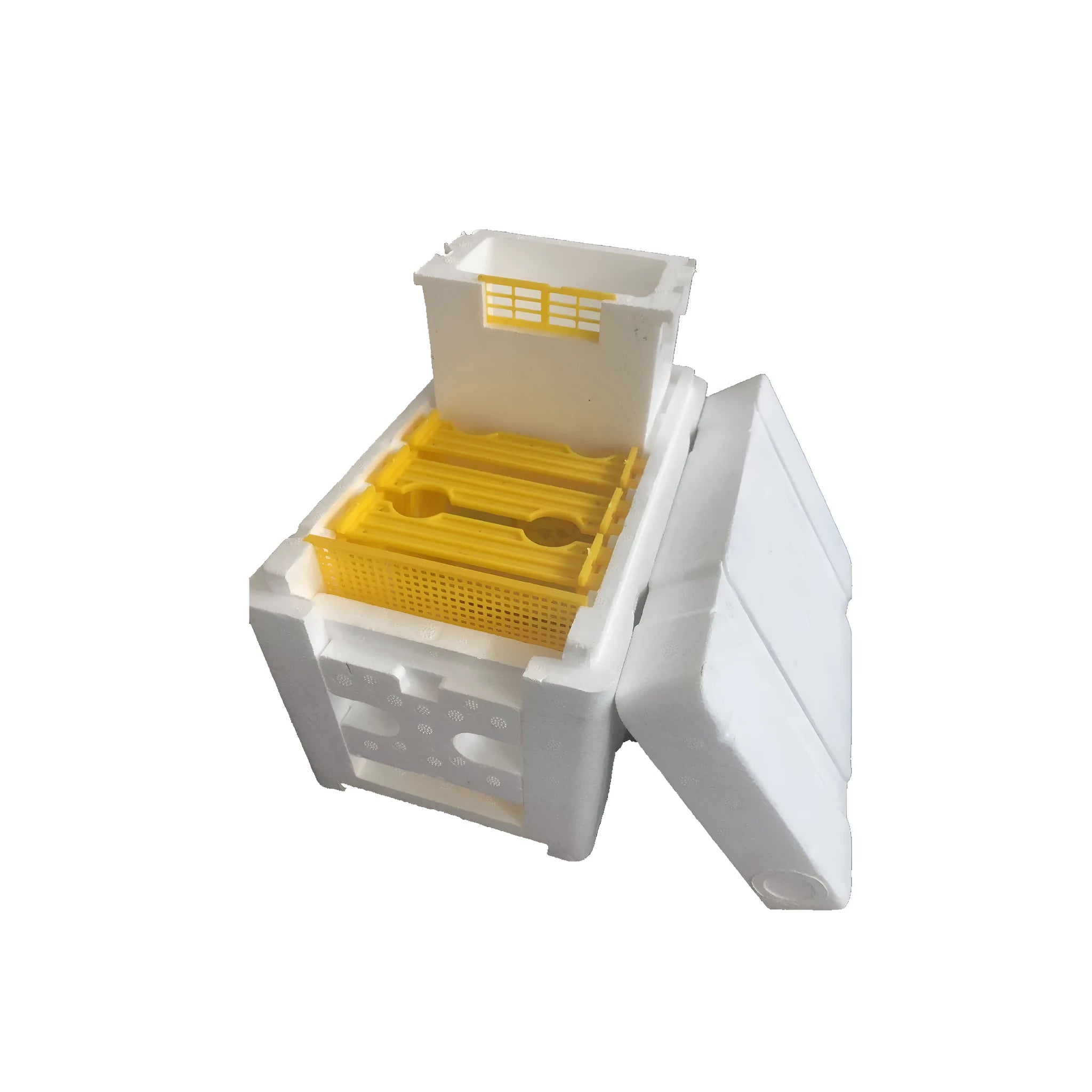Three white EPS foam mini delivery boxes for bee mating and breeding activities
