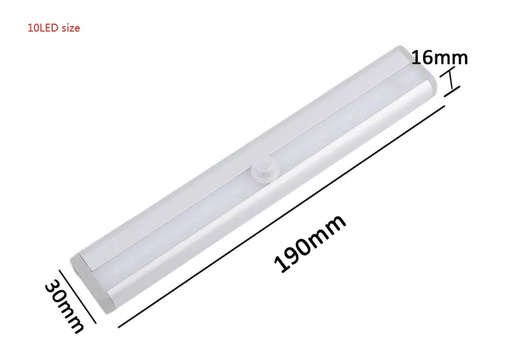 Silver aluminium LED closet light with motion sensor and magnetic back, shown illuminating a wardrobe.