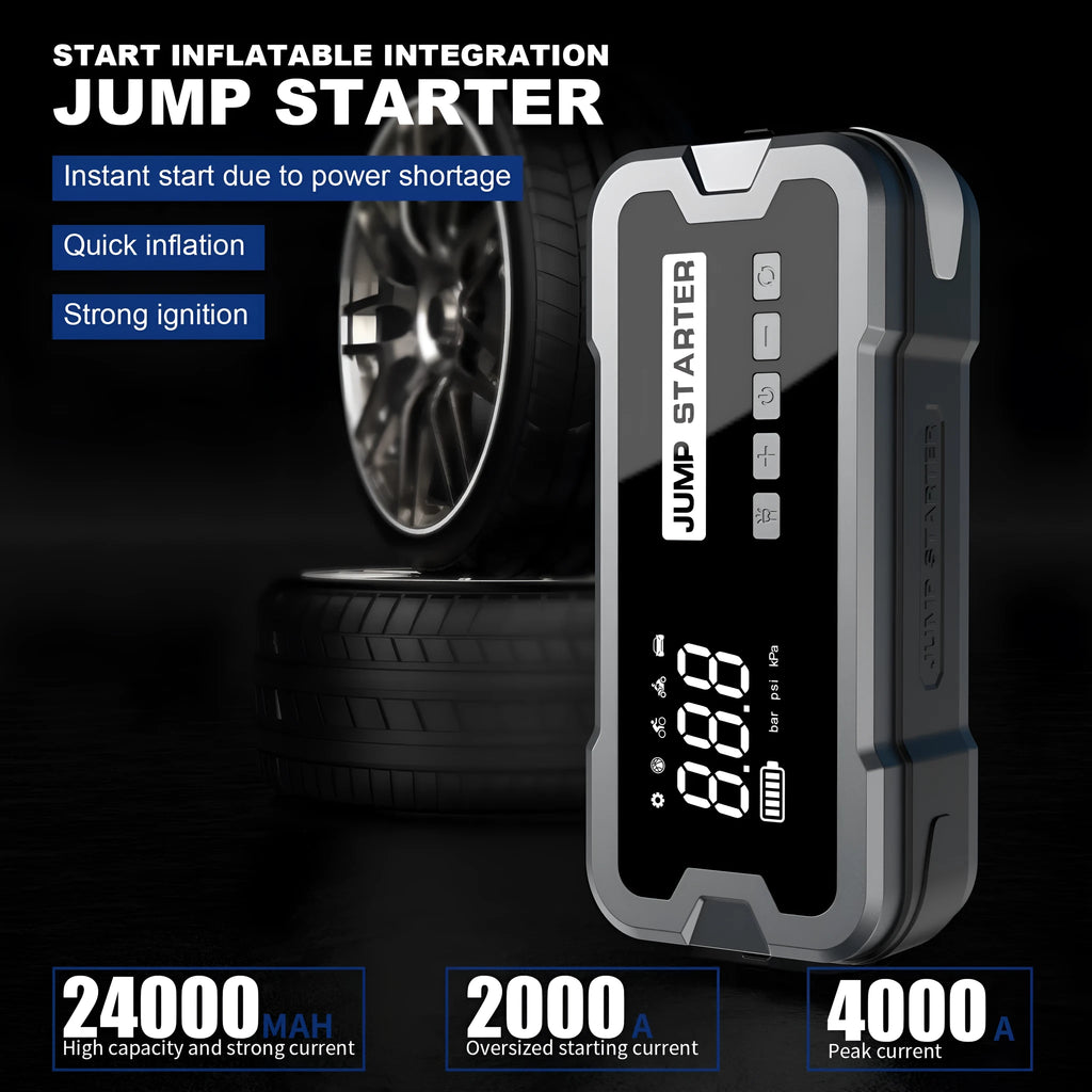 CY53 car emergency jump starter power bank unit with LCD display and LED lights.