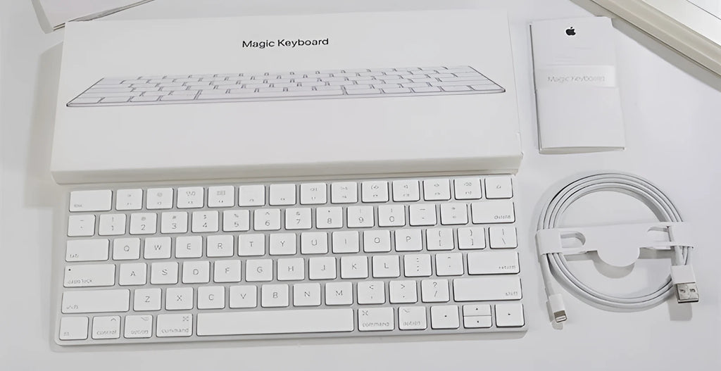 White Apple G6 Bluetooth wireless keyboard with ultra-thin metal casing.