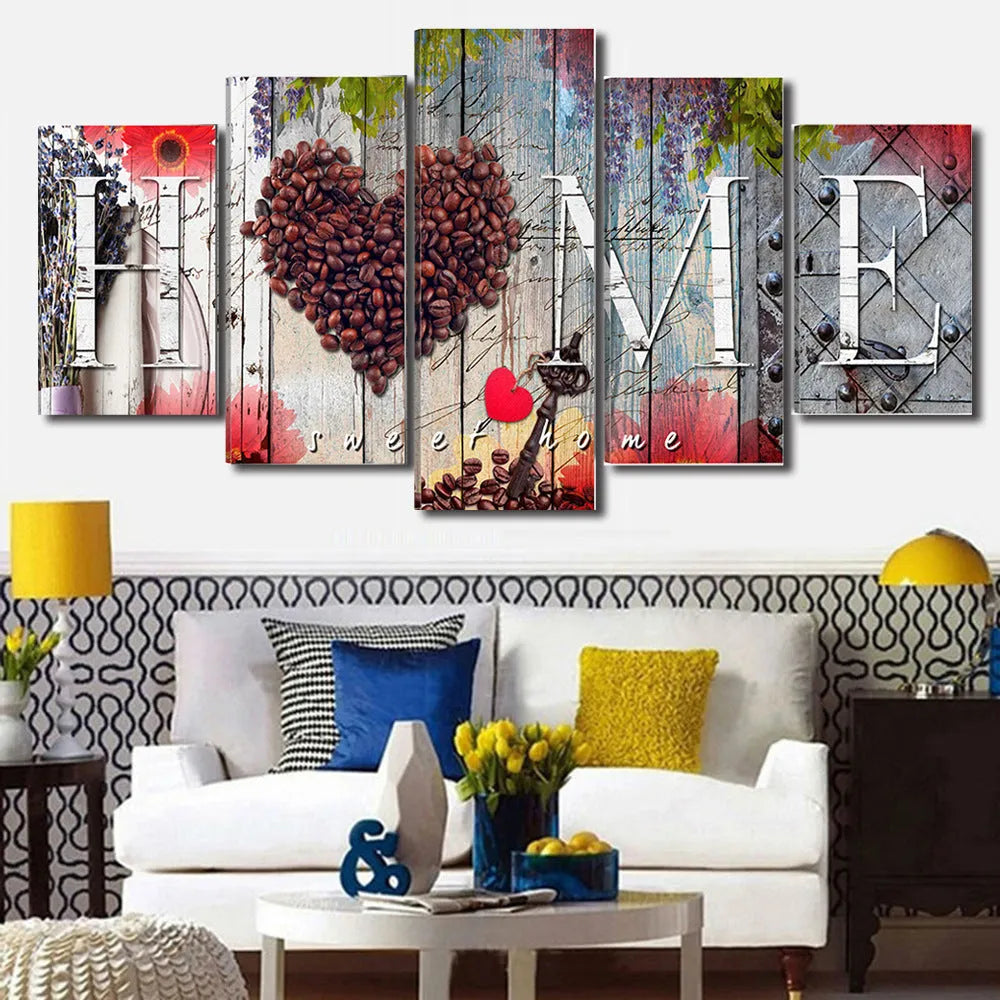 Red decorative wall boards with oil painting finish arranged in modular pattern