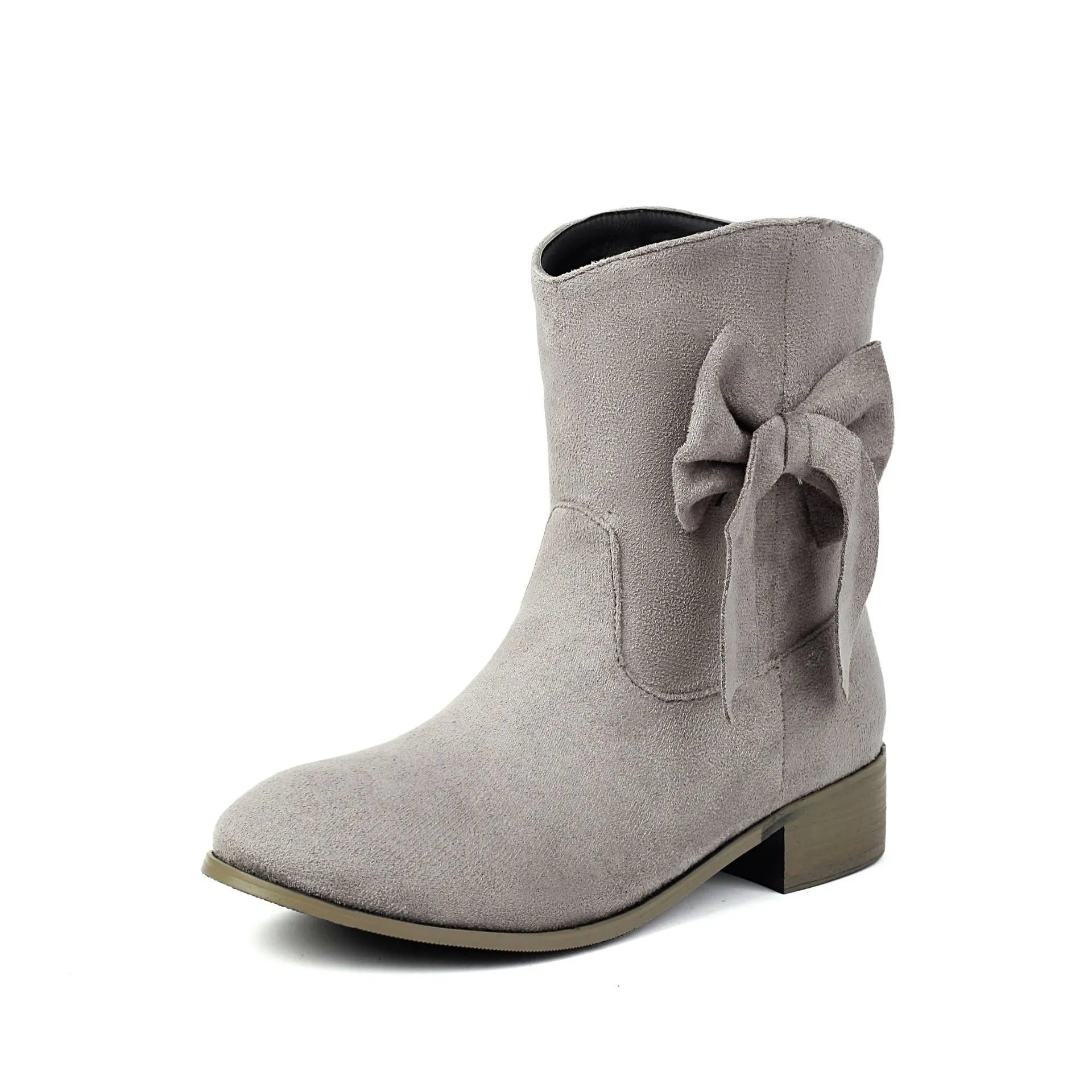 Low heel suede sweet bow casual boots for women, square toe, low tube, in burgundy with bow detail