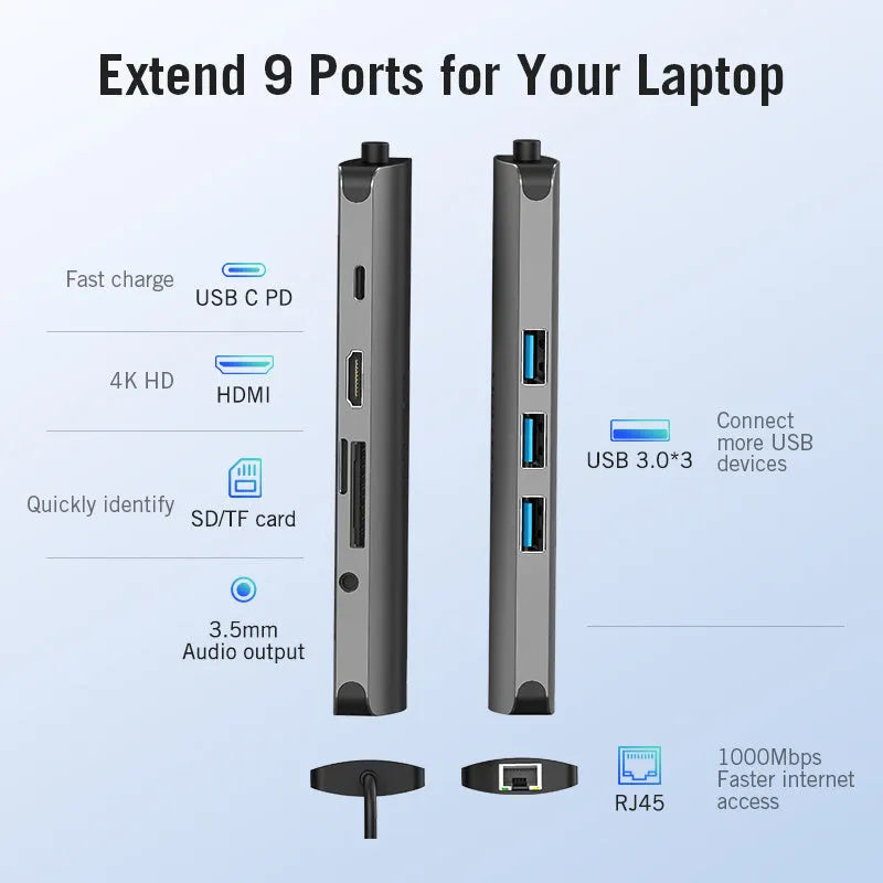 Deep grey USB-C to HDMI hub with Ethernet, USB ports, and memory card slots on a desk.