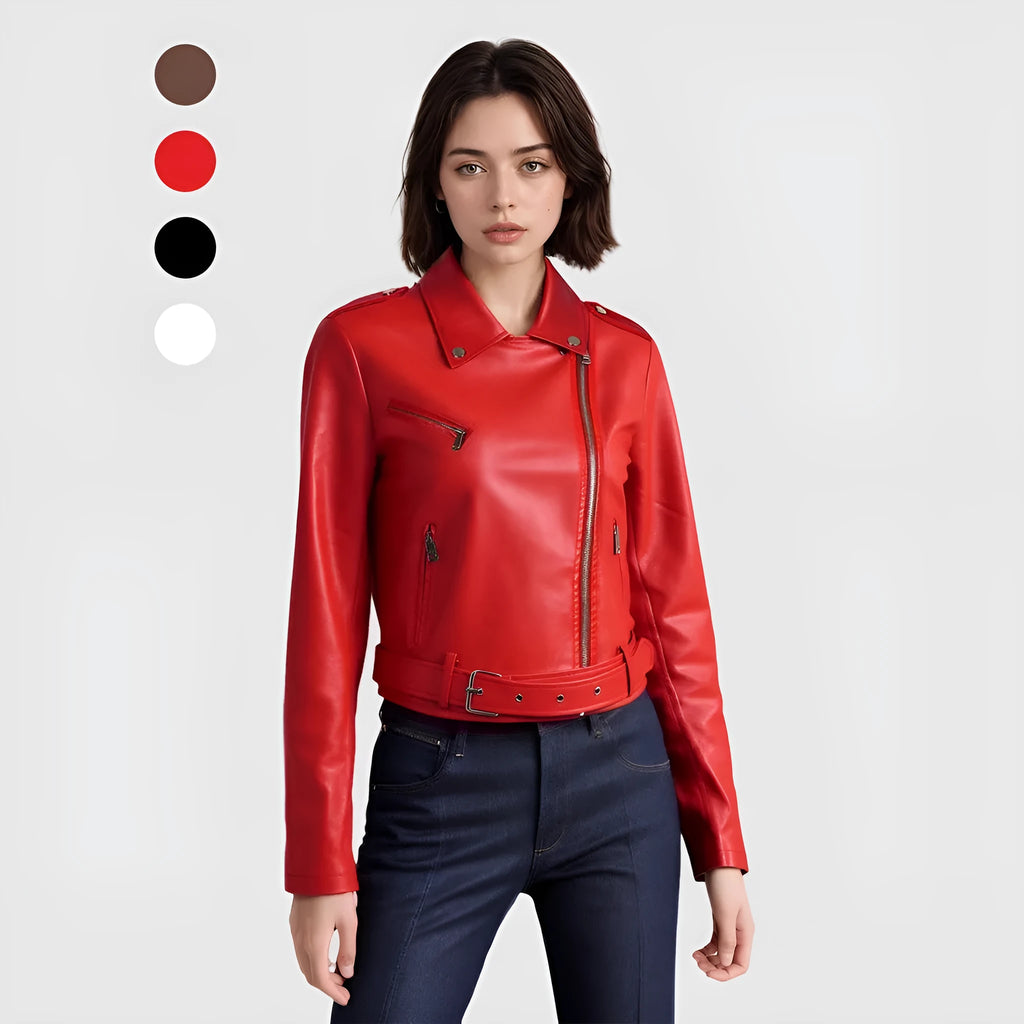 Women's black PU leather lapel jacket with an adjustable short belt.