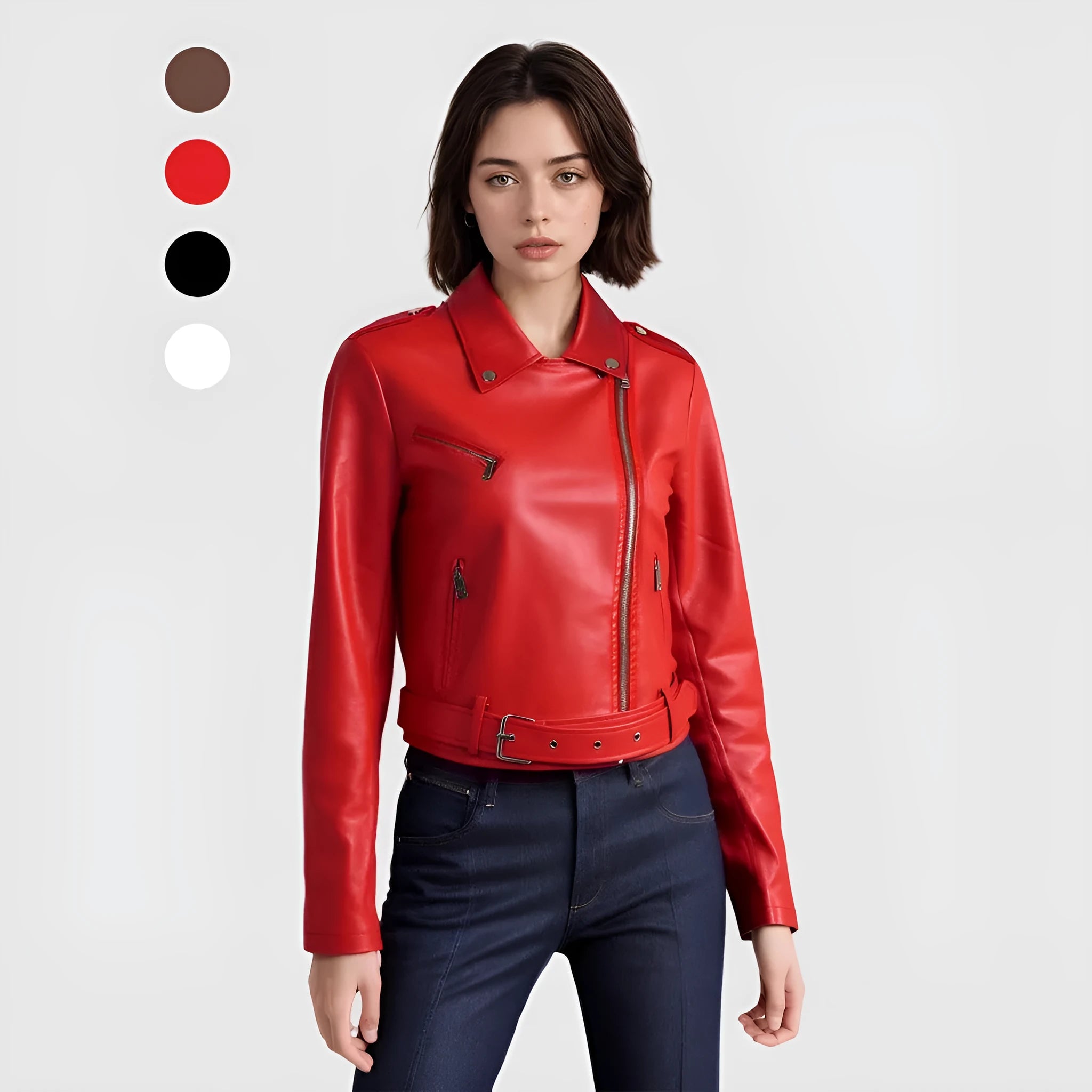 Women's black PU leather lapel jacket with an adjustable short belt.