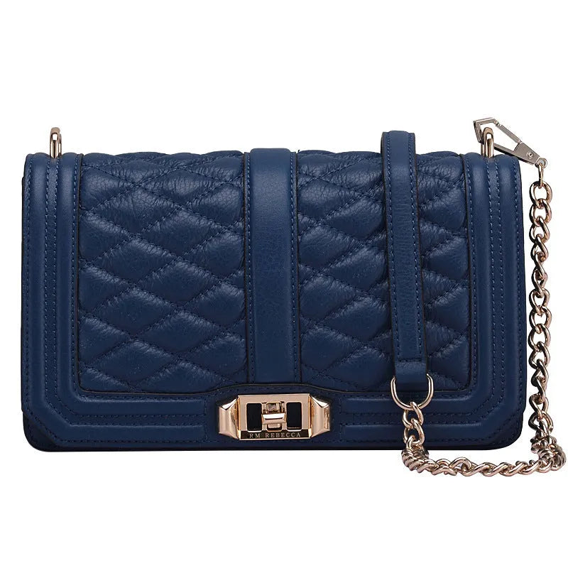 Women's shoulder chain bag in first layer cowhide with plaid pattern and chain strap, square shape