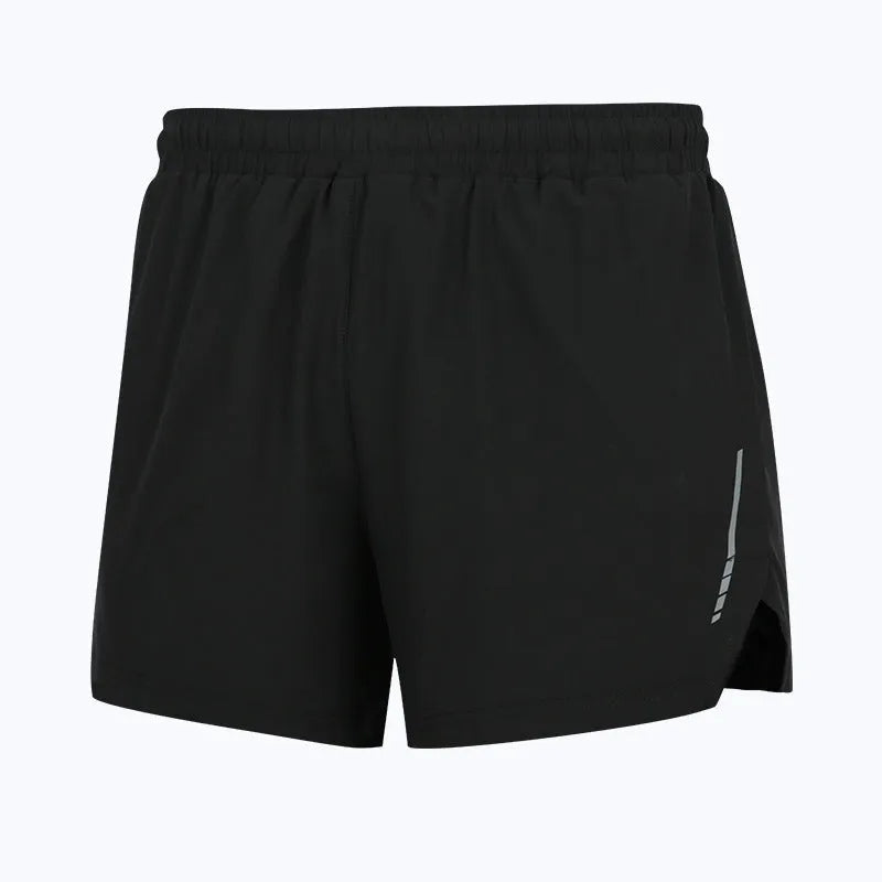 Men's grey quick-dry polyester running shorts on a size chart.