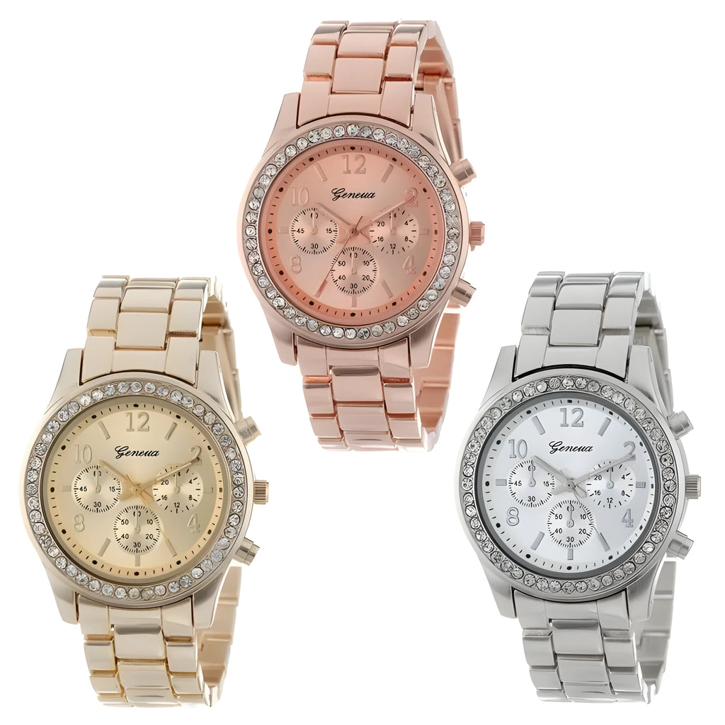 40mm round women's crystal quartz watch with metal alloy bracelet and reclining clasp