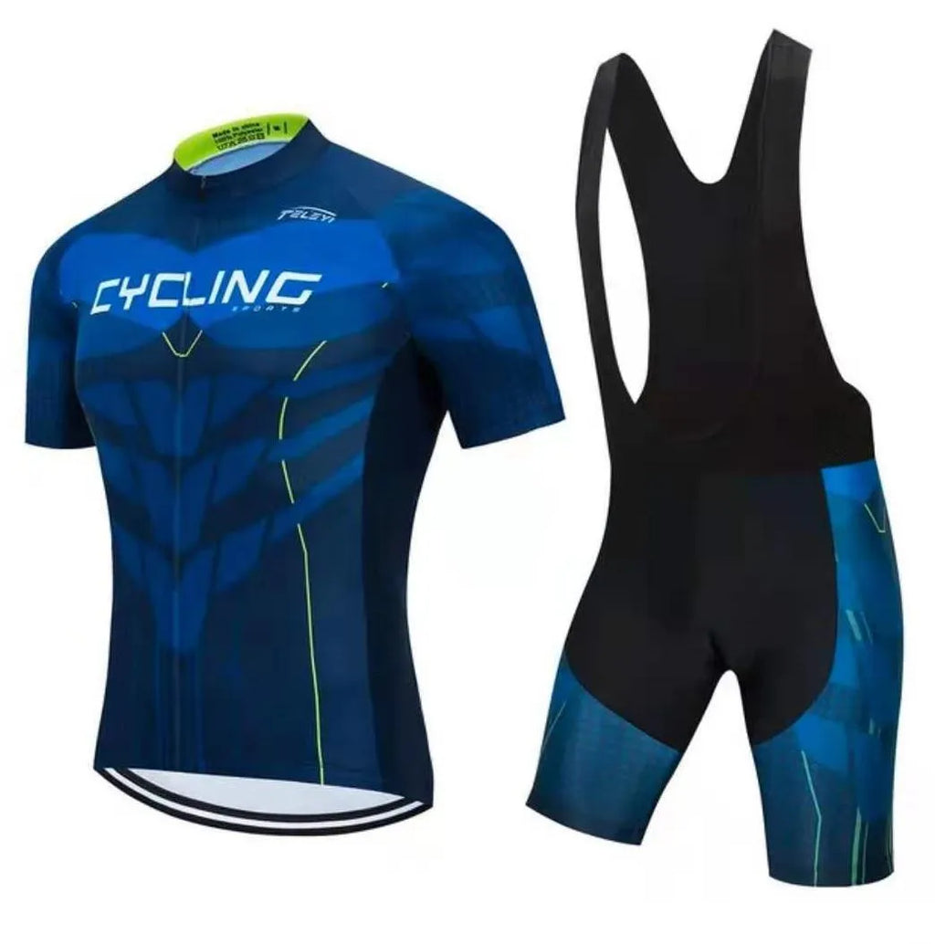 Cycling jersey and pants set for summer biking with moisture-wicking fabric.