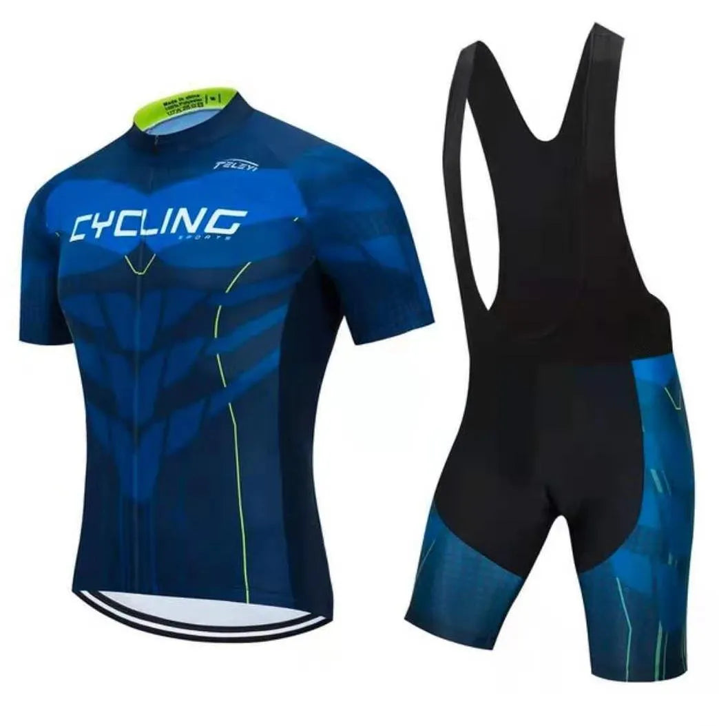 Cycling jersey and pants set for summer biking with moisture-wicking fabric.