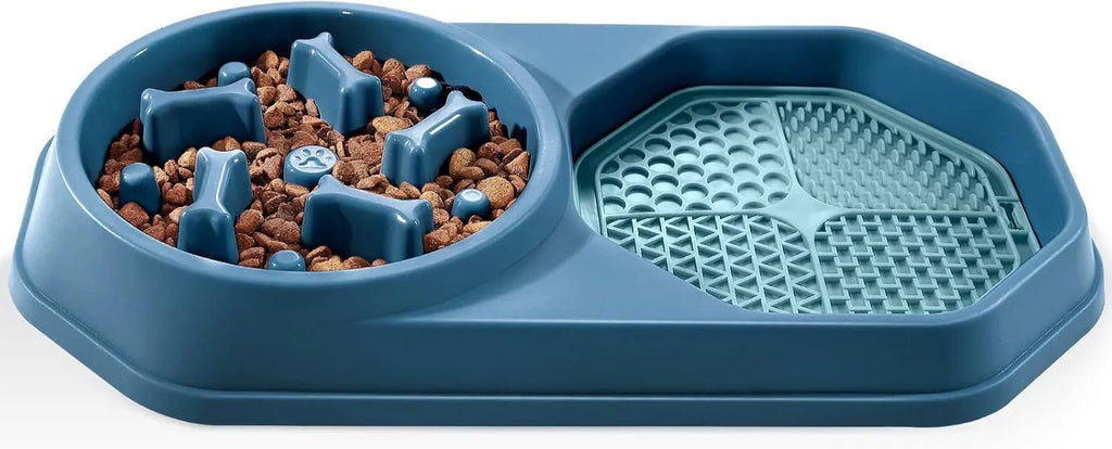Blue slow feeder dog bowl with maze pattern for anti-gulping feeding