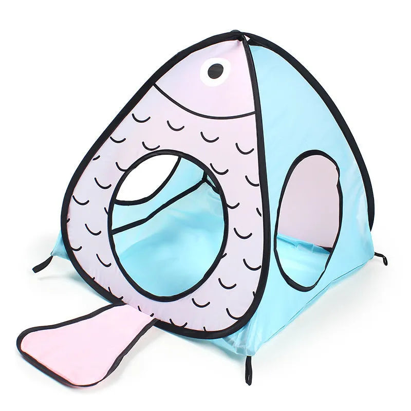 Foldable pet tunnel with cat and fish design in collapsed and expanded positions