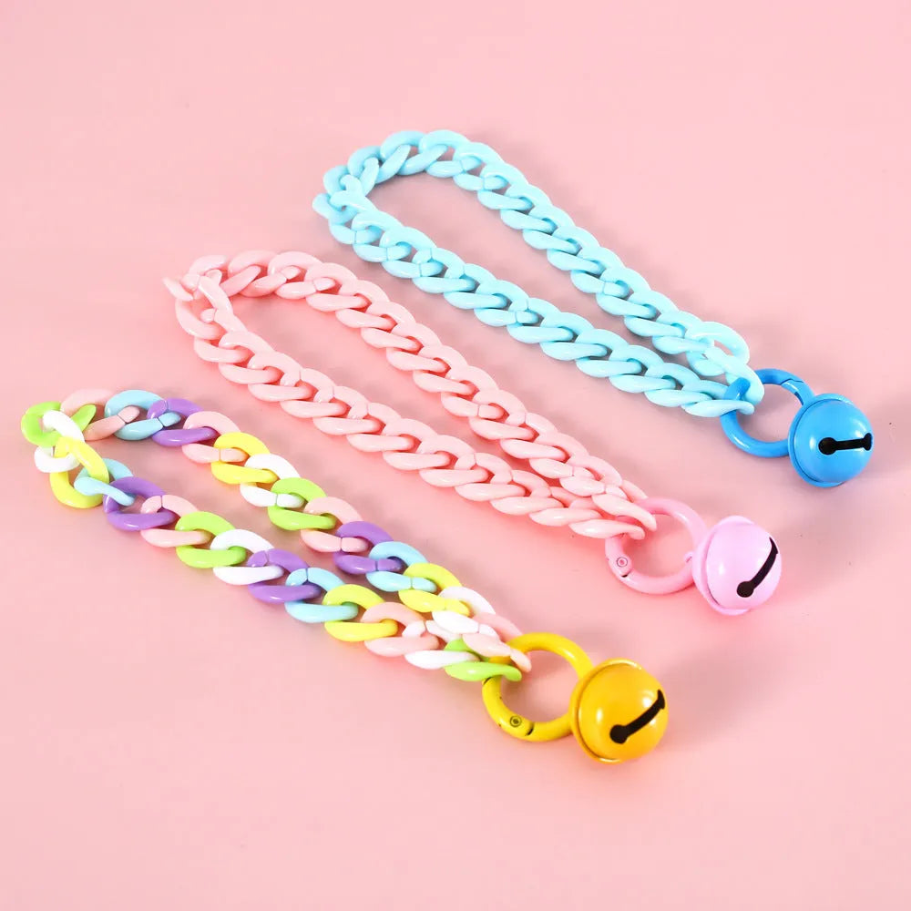 Macaron candy colour plastic pet collar on a white background, showing chain blue, pink, and mixed colour options for cats, dogs, and rabbits.