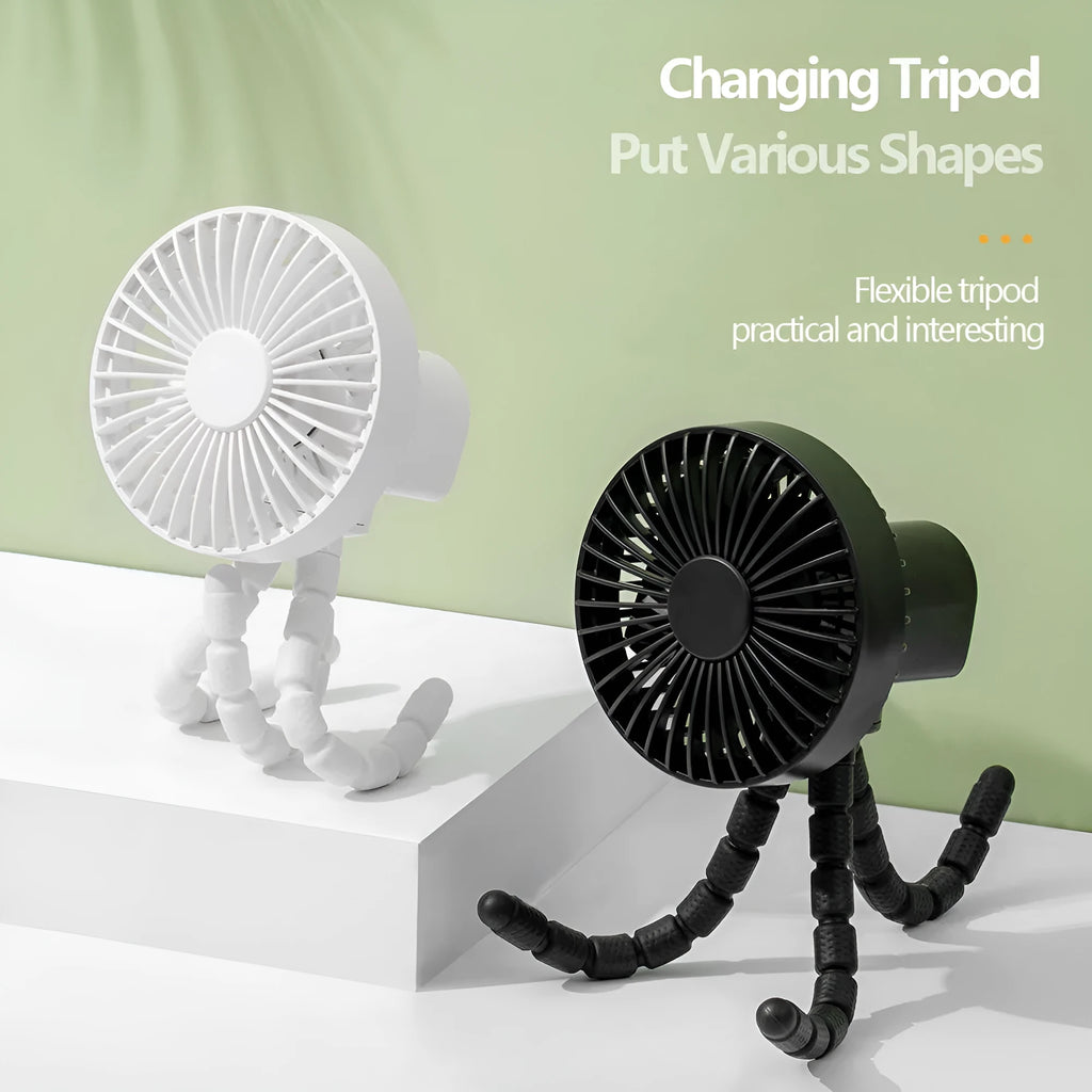 Small adjustable desktop fan with bending head on an octopus tripod, shown in black, green, pink, or white.