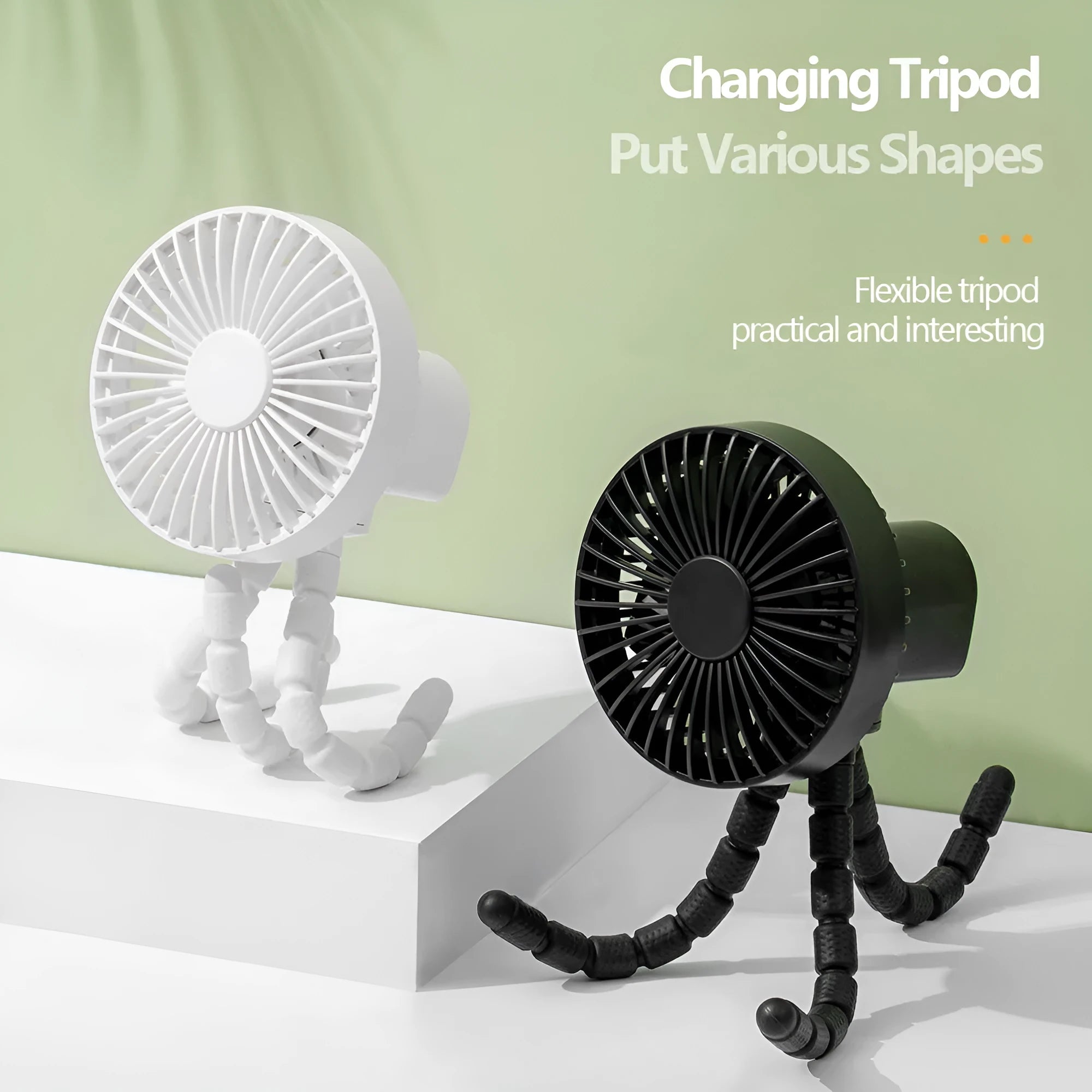 Small adjustable desktop fan with bending head on an octopus tripod, shown in black, green, pink, or white.