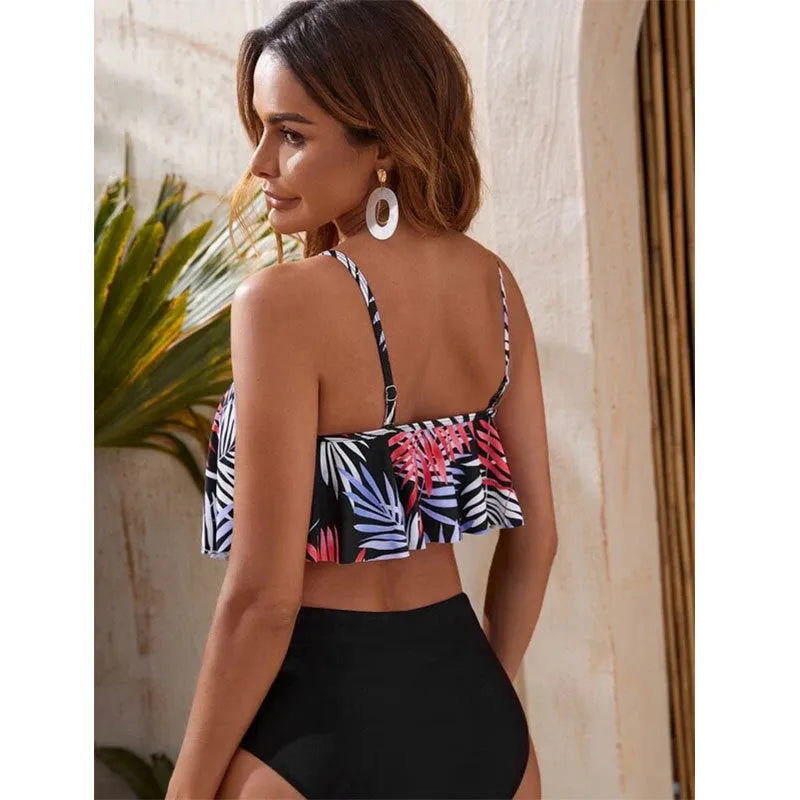 Women's printed high waist floral bikini with flounced design for swimming