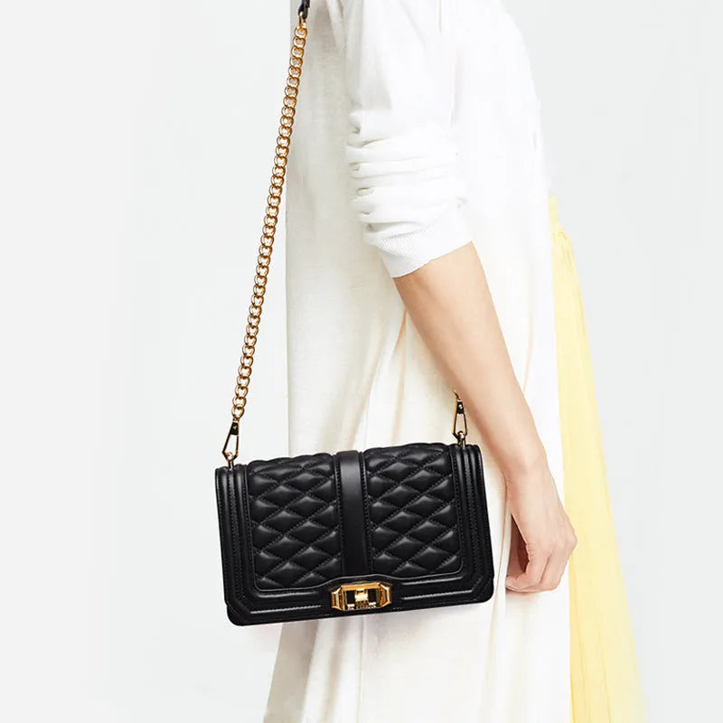 Women's shoulder chain bag in first layer cowhide with plaid pattern and chain strap, square shape
