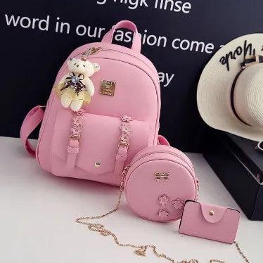 Three-piece PU leather backpack set for teenage girls in four colours with floral detailing