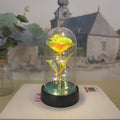 Small night lamp with coloured glass cover and plastic flowers on a black plastic base.