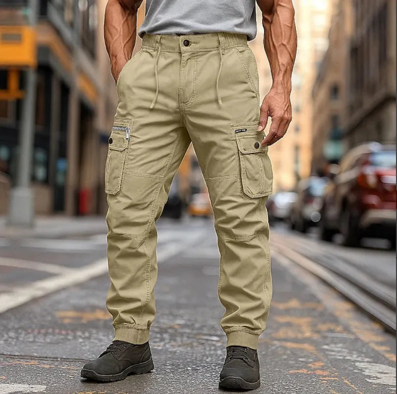Men's oversized cotton trousers in brown, loose waist with drawstring, tapered leg, sizes 29-40