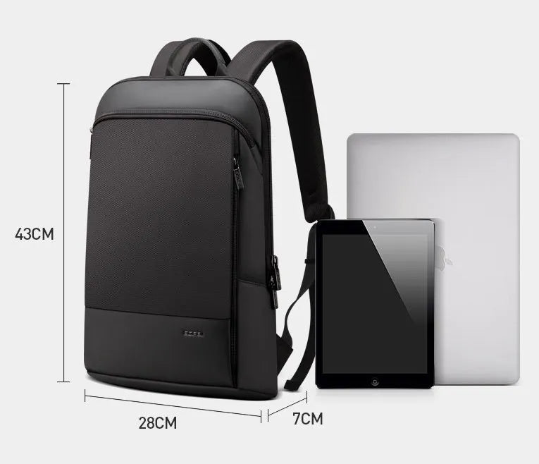Black leisure computer backpack with hidden back pocket and ventilated panel, 28x7x43cm