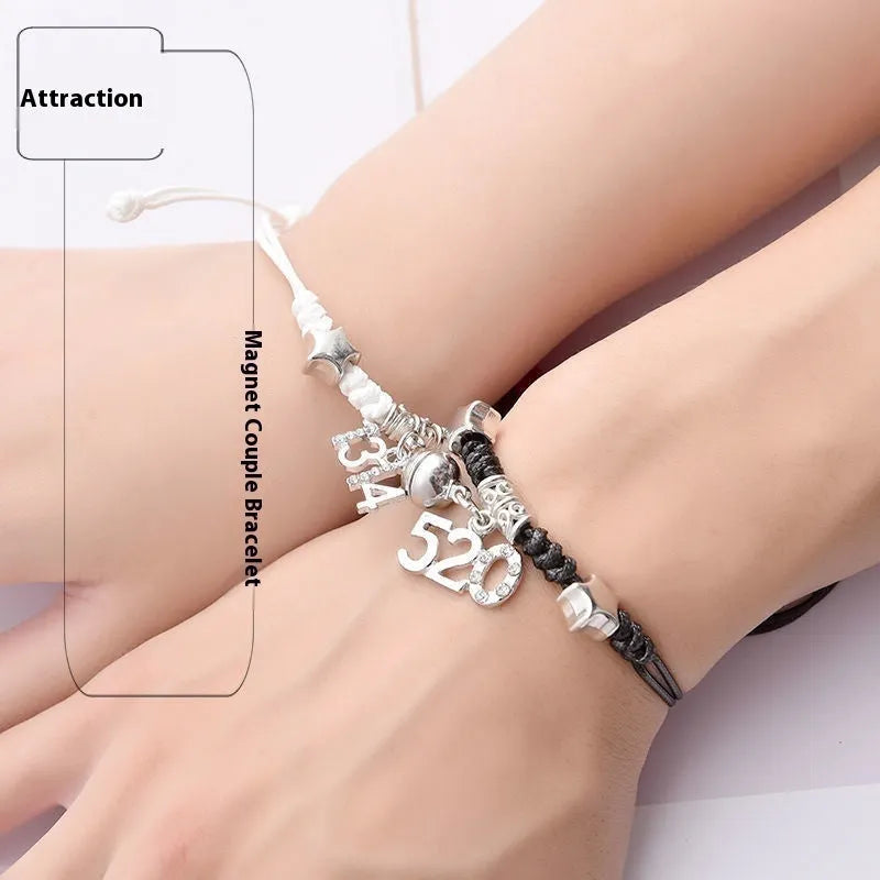 Magnetic couple's alloy bracelet pair with electroplated finish in various designs like crown, cross, and kitten.