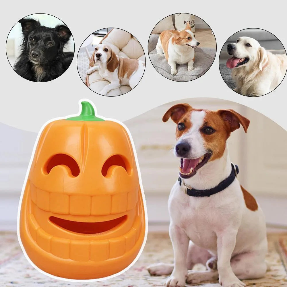 Yellow pumpkin shaped dog chew toy for aggressive chewers made from TPR material