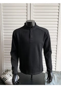 Men's grey asymmetric stand-up collar long sleeve polo shirt on a hanger.