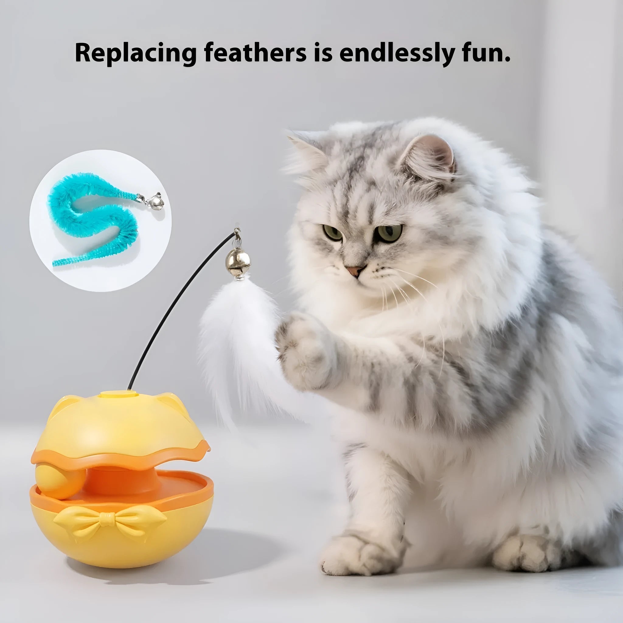 Electric cat toy tumbler teaser wand with LED lights in lemon yellow, sky blue, or soft fog grey.