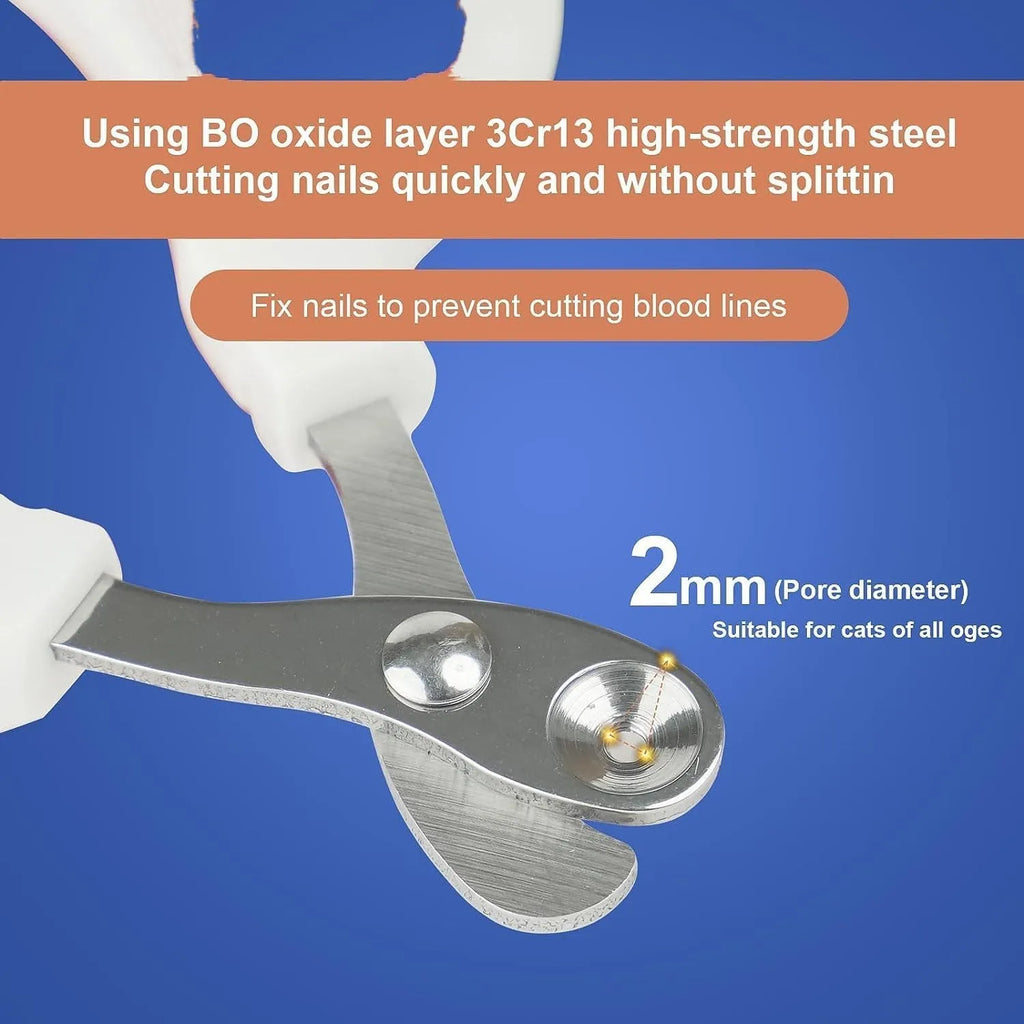 Blue cat nail clippers with a circular cutting hole and cushioned handles on a white surface.