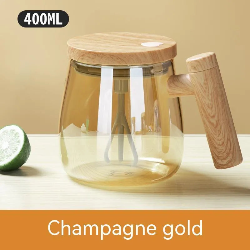 Clear borosilicate glass self-stirring coffee mug with electric base, 400ml capacity.