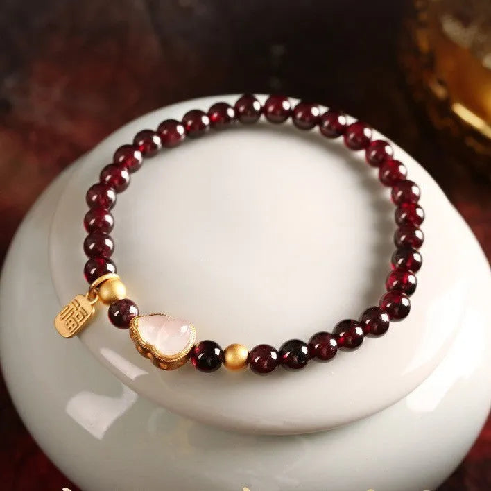 Women's Chinese-style gourd bracelet with imitation garnet beads and electroplated finish