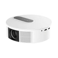 White HD home theatre projector with remote control on a stand, showing 720p resolution and 200LM brightness specifications.