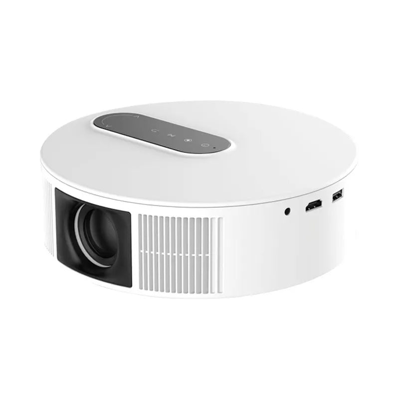 White HD home theatre projector with remote control on a stand, showing 720p resolution and 200LM brightness specifications.