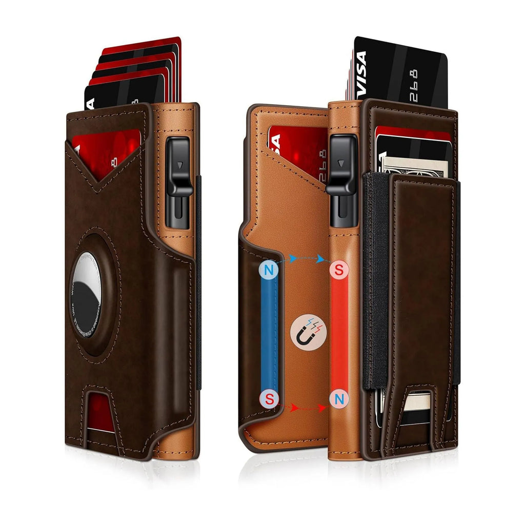 Men's dark brown RFID anti-theft card bag with brushed aluminum alloy plate and microfiber finish, compact size