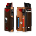 Men's dark brown RFID anti-theft card bag with brushed aluminum alloy plate and microfiber finish, compact size