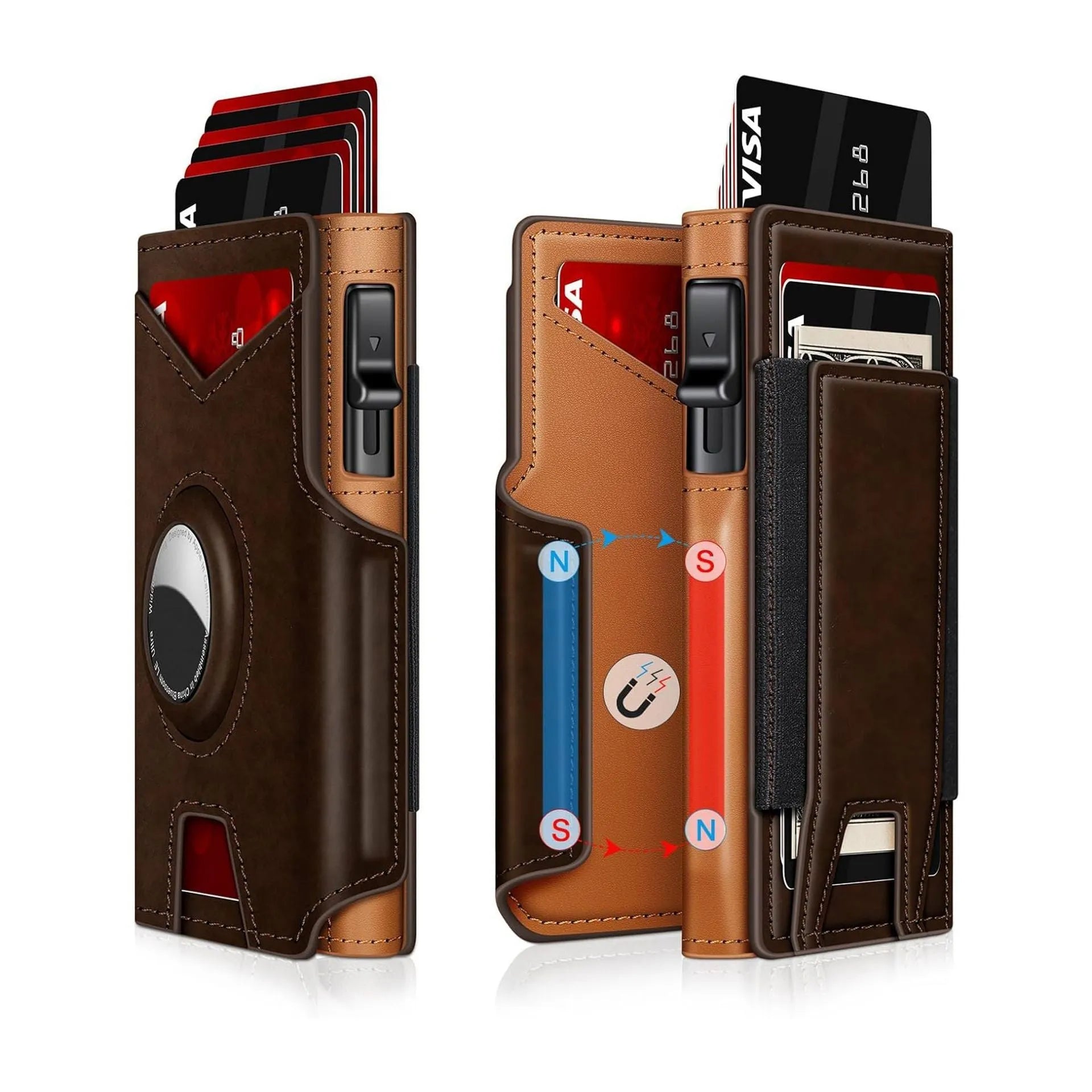 Men's dark brown RFID anti-theft card bag with brushed aluminum alloy plate and microfiber finish, compact size