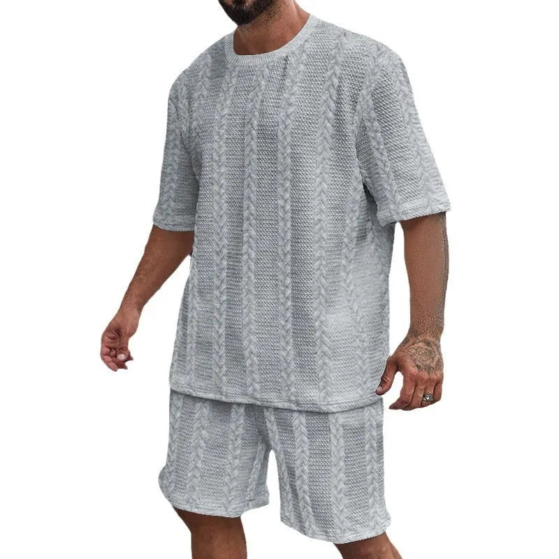 Men's knitted polyester summer set with round neck pullover and matching shorts in solid colour options
